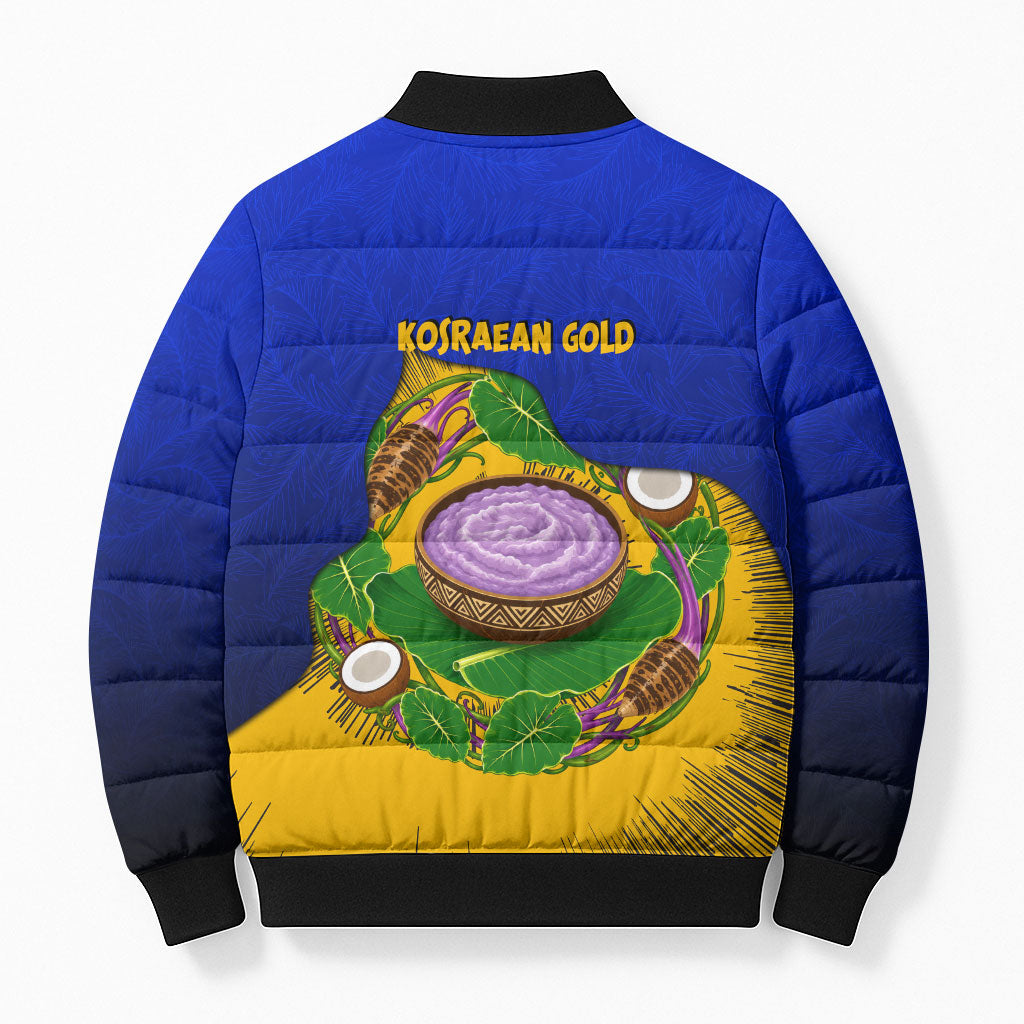 Kosrae Fafa Culinary Heritage Bomber Puffer Jacket Kosraean Gold Taro Tradition Illustration With Coconut Leaves