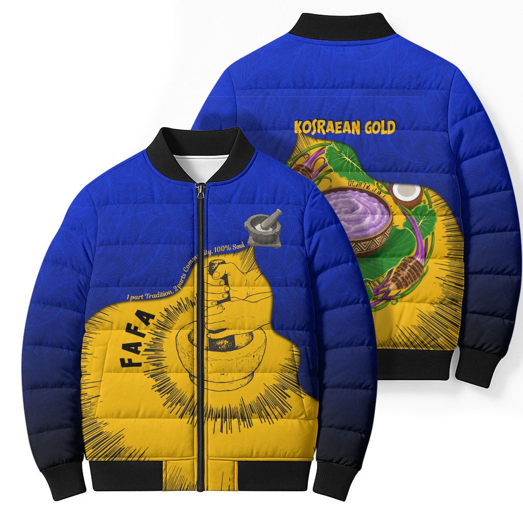 Kosrae Fafa Culinary Heritage Bomber Puffer Jacket Kosraean Gold Taro Tradition Illustration With Coconut Leaves