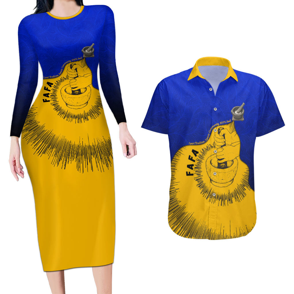 Kosrae Fafa Culinary Heritage Couples Matching Long Sleeve Bodycon Dress and Hawaiian Shirt Kosraean Gold Taro Tradition Illustration With Coconut Leaves