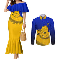 Kosrae Fafa Culinary Heritage Couples Matching Mermaid Dress and Long Sleeve Button Shirt Kosraean Gold Taro Tradition Illustration With Coconut Leaves