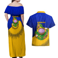 Kosrae Fafa Culinary Heritage Couples Matching Off Shoulder Maxi Dress and Hawaiian Shirt Kosraean Gold Taro Tradition Illustration With Coconut Leaves