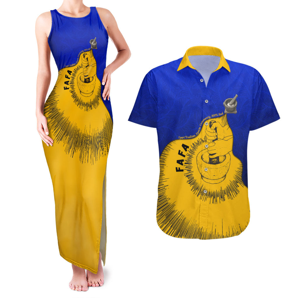 Kosrae Fafa Culinary Heritage Couples Matching Tank Maxi Dress and Hawaiian Shirt Kosraean Gold Taro Tradition Illustration With Coconut Leaves