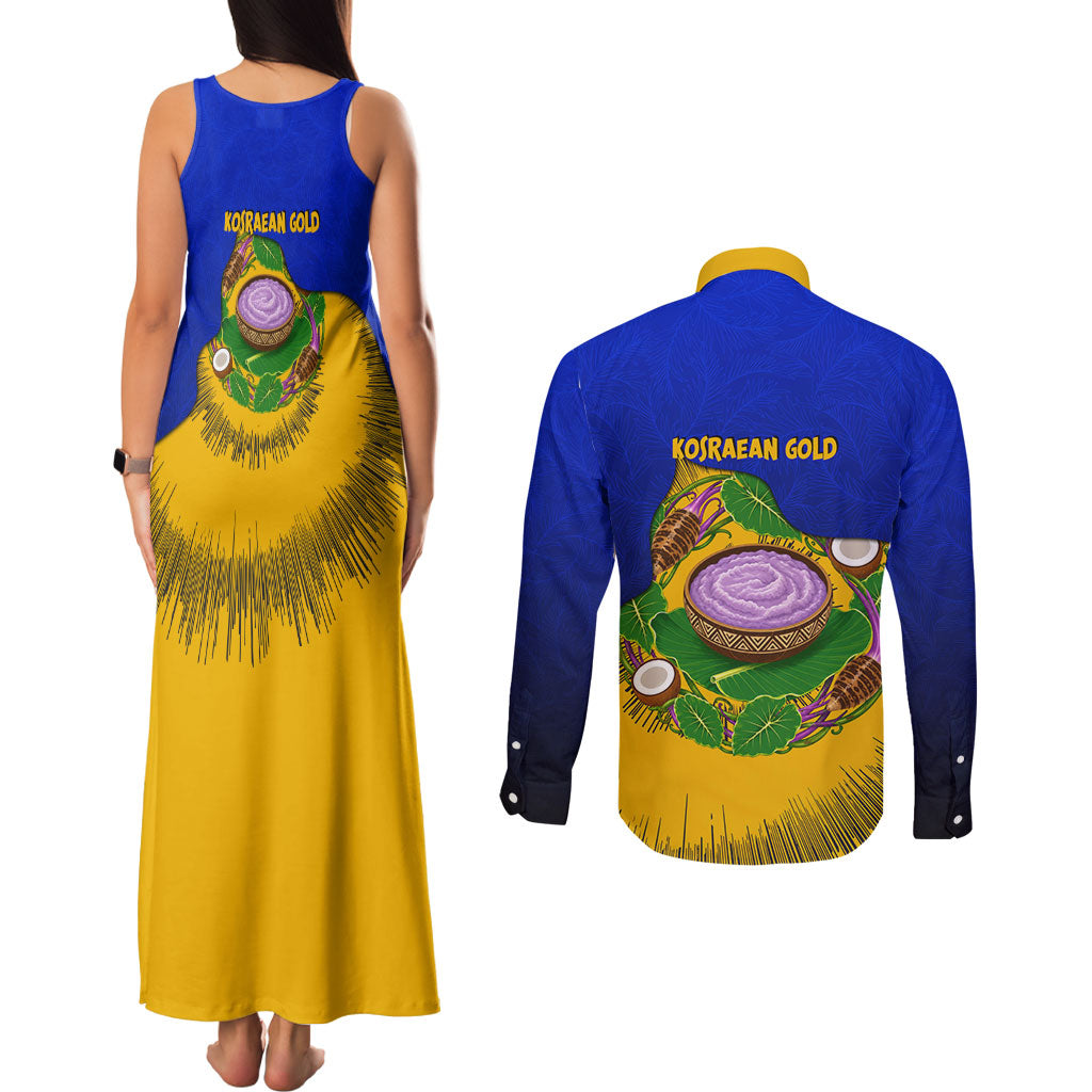 Kosrae Fafa Culinary Heritage Couples Matching Tank Maxi Dress and Long Sleeve Button Shirt Kosraean Gold Taro Tradition Illustration With Coconut Leaves