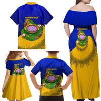 Kosrae Fafa Culinary Heritage Family Matching Off Shoulder Maxi Dress and Hawaiian Shirt Kosraean Gold Taro Tradition Illustration With Coconut Leaves