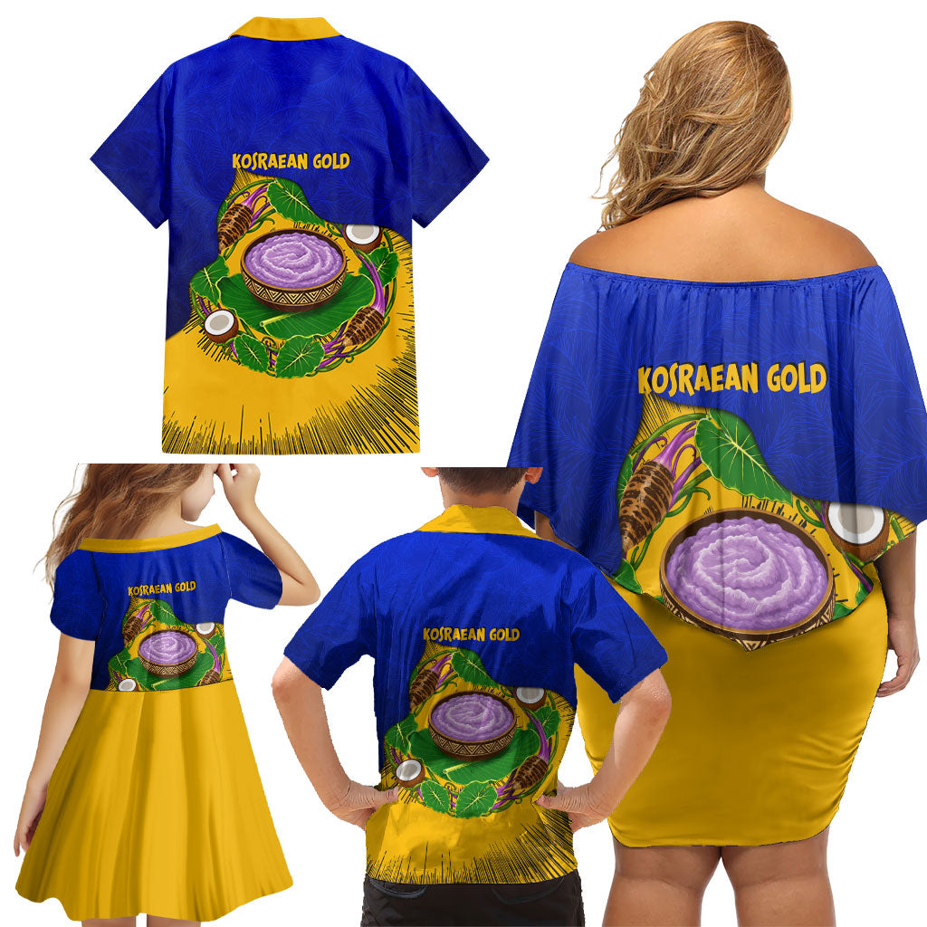 Kosrae Fafa Culinary Heritage Family Matching Off Shoulder Short Dress and Hawaiian Shirt Kosraean Gold Taro Tradition Illustration With Coconut Leaves