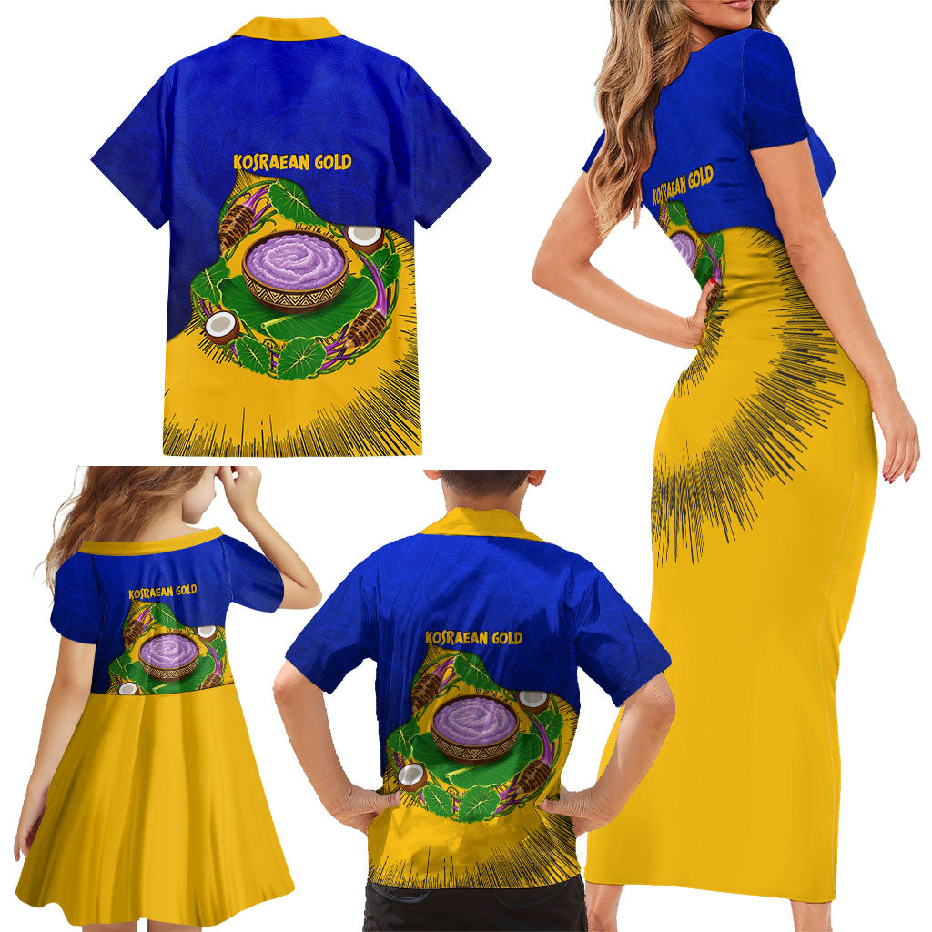 Kosrae Fafa Culinary Heritage Family Matching Short Sleeve Bodycon Dress and Hawaiian Shirt Kosraean Gold Taro Tradition Illustration With Coconut Leaves
