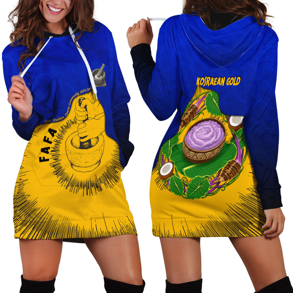 Kosrae Fafa Culinary Heritage Hoodie Dress Kosraean Gold Taro Tradition Illustration With Coconut Leaves