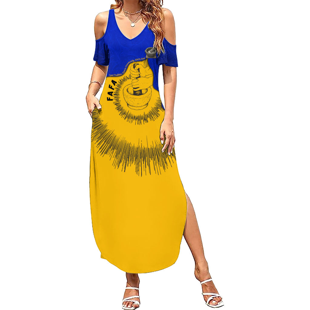 Kosrae Fafa Culinary Heritage Summer Maxi Dress Kosraean Gold Taro Tradition Illustration With Coconut Leaves TS04 Women Blue Yellow - Polynesian Pride