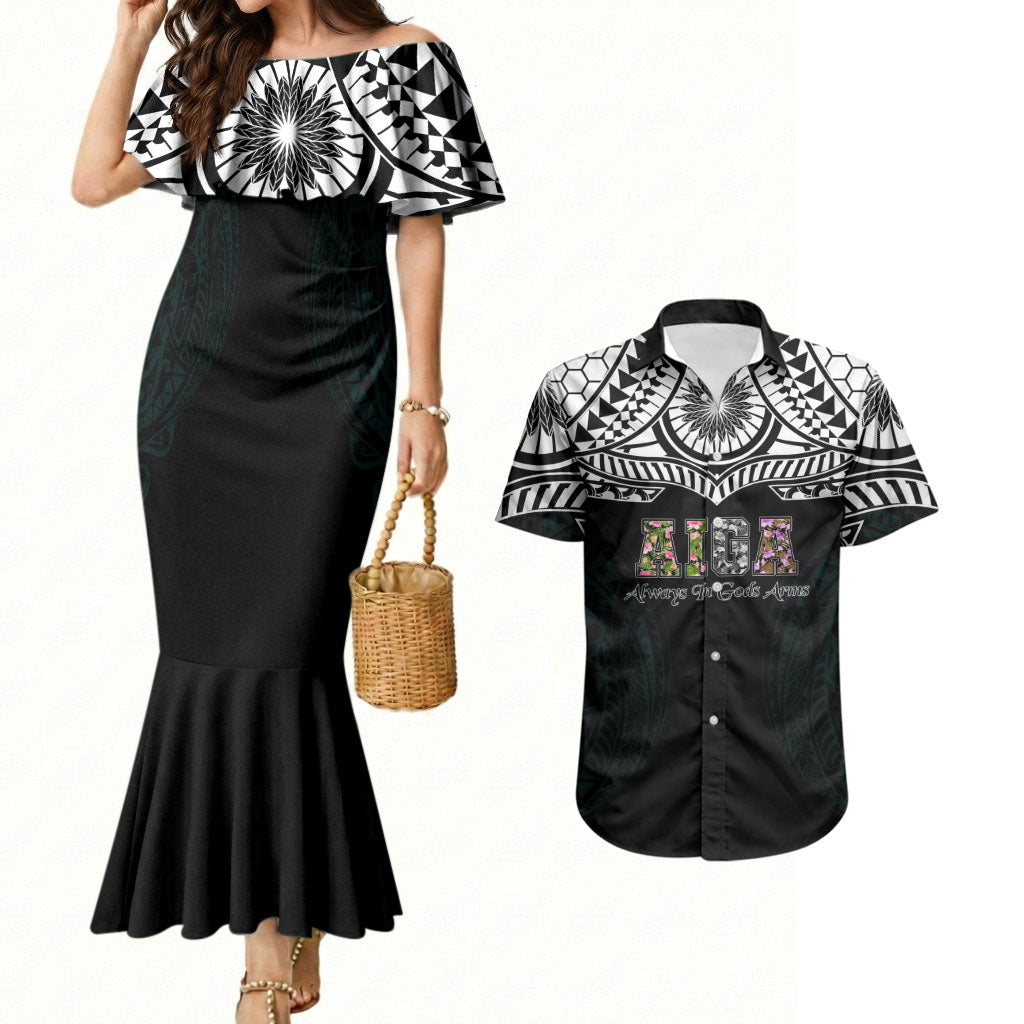 AIGA Always In Gods Arms Samoa Couples Matching Mermaid Dress and Hawaiian Shirt Polynesian Tribal Tattoo Art Family Heritage Faith TS04 Black White - Polynesian Pride