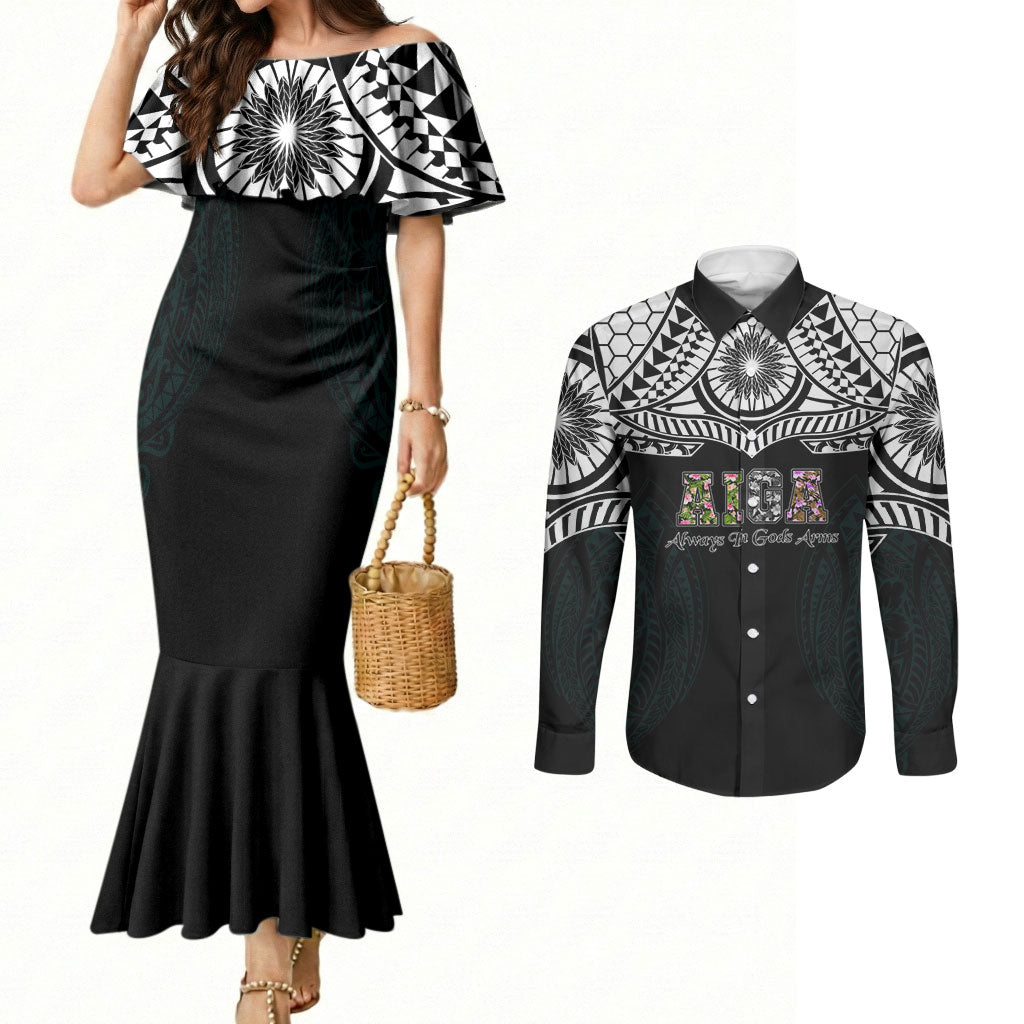 AIGA Always In Gods Arms Samoa Couples Matching Mermaid Dress and Long Sleeve Button Shirt Polynesian Tribal Tattoo Art Family Heritage Faith TS04 Black White - Polynesian Pride