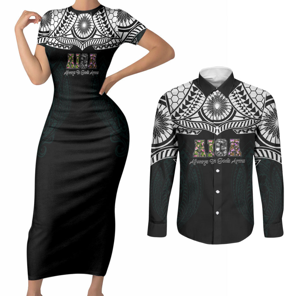 AIGA Always In Gods Arms Samoa Couples Matching Short Sleeve Bodycon Dress and Long Sleeve Button Shirt Polynesian Tribal Tattoo Art Family Heritage Faith TS04 Black White - Polynesian Pride