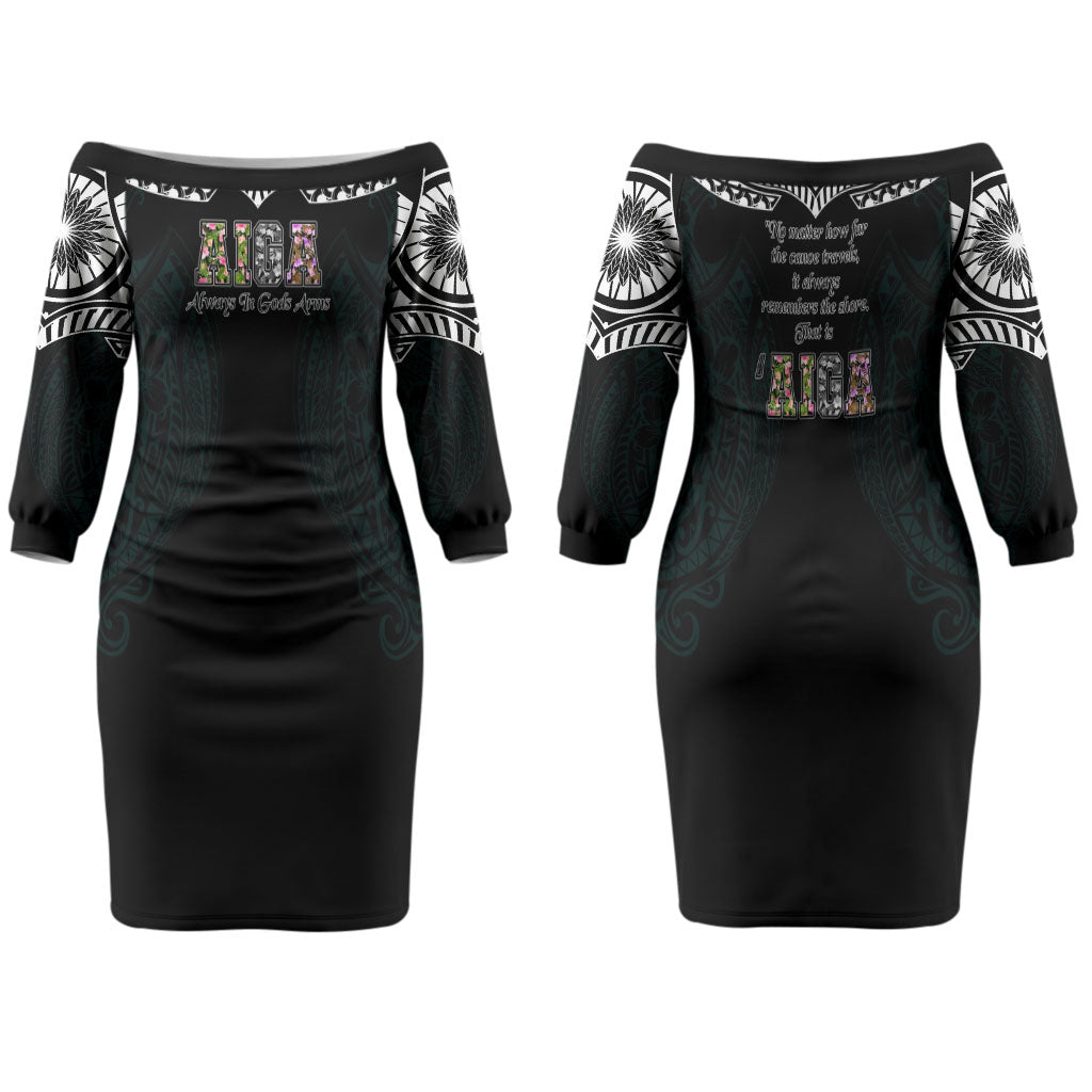 AIGA Always In Gods Arms Samoa Family Matching Off The Shoulder Long Sleeve Dress and Hawaiian Shirt Polynesian Tribal Tattoo Art Family Heritage Faith TS04 Mom's Dress Black White - Polynesian Pride