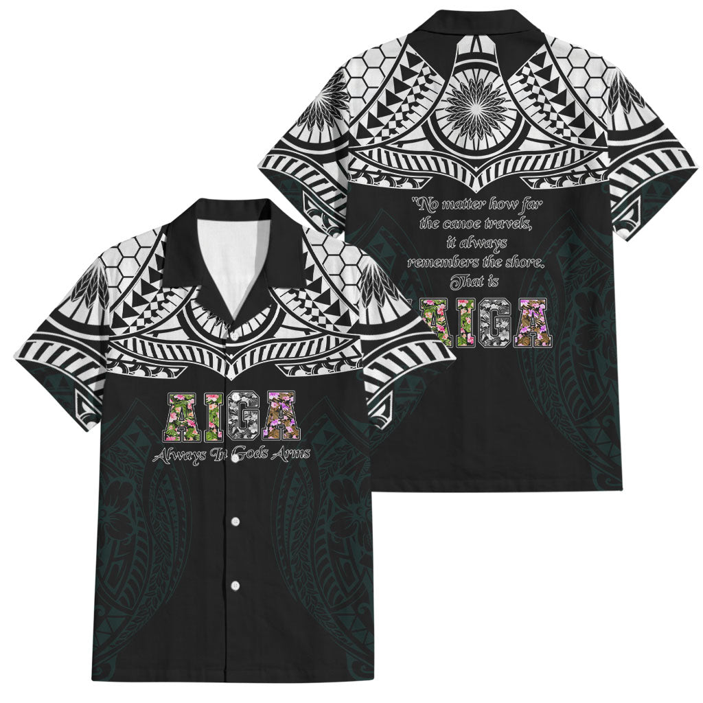 AIGA Always In Gods Arms Samoa Family Matching Off Shoulder Maxi Dress and Hawaiian Shirt Polynesian Tribal Tattoo Art Family Heritage Faith TS04 Dad's Shirt - Short Sleeve Black White - Polynesian Pride