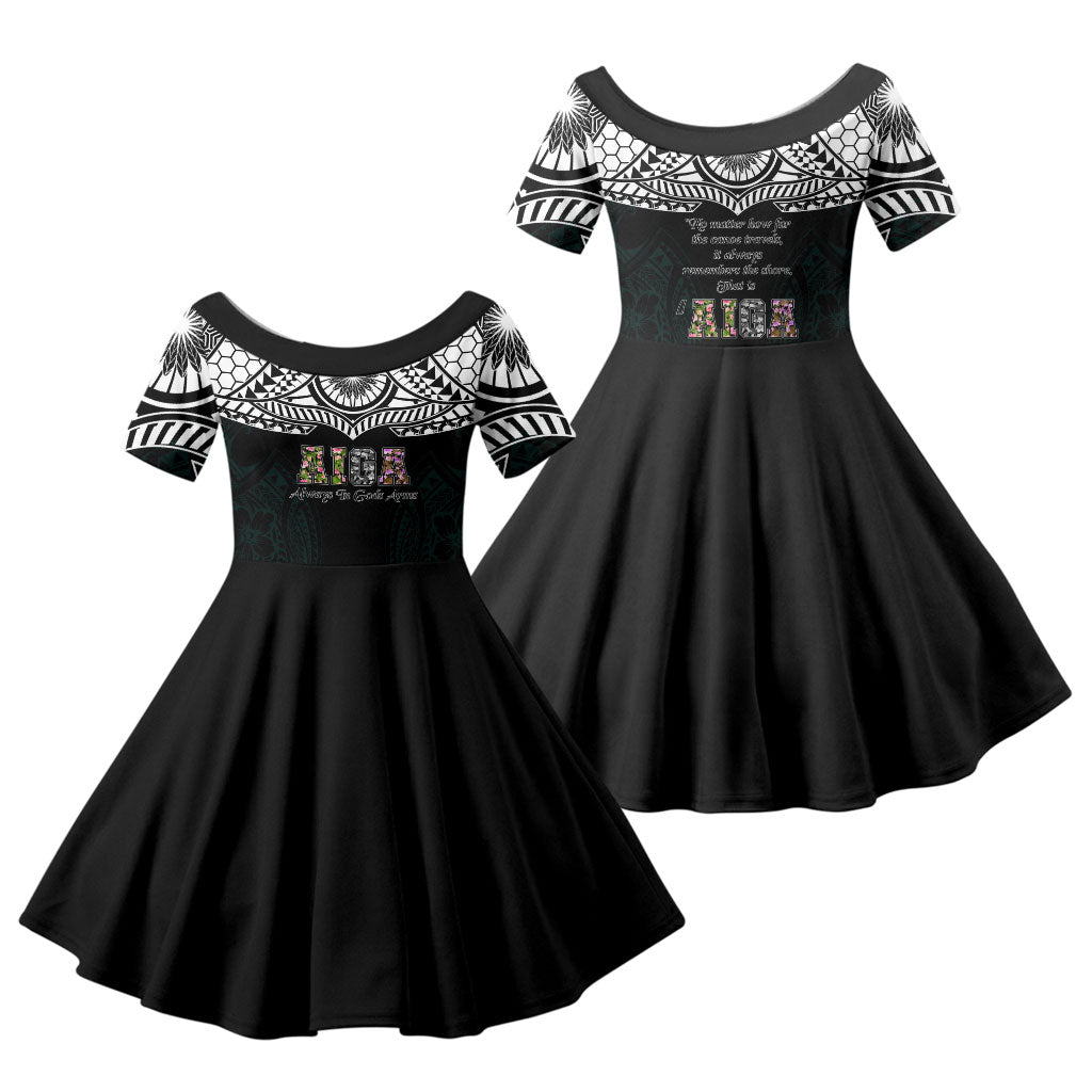 AIGA Always In Gods Arms Samoa Family Matching Off Shoulder Short Dress and Hawaiian Shirt Polynesian Tribal Tattoo Art Family Heritage Faith TS04 Daughter's Dress Black White - Polynesian Pride