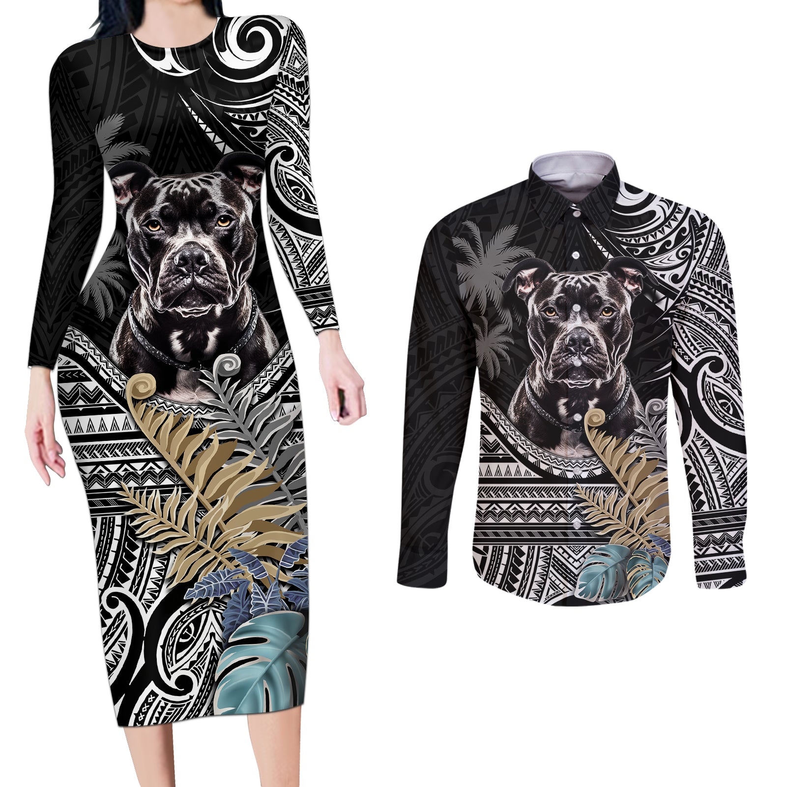 Polynesian Pitbull Couples Matching Long Sleeve Bodycon Dress and Long Sleeve Button Shirts Polynesian Pattern And Pitbull TS04 Black - Polynesian Pride