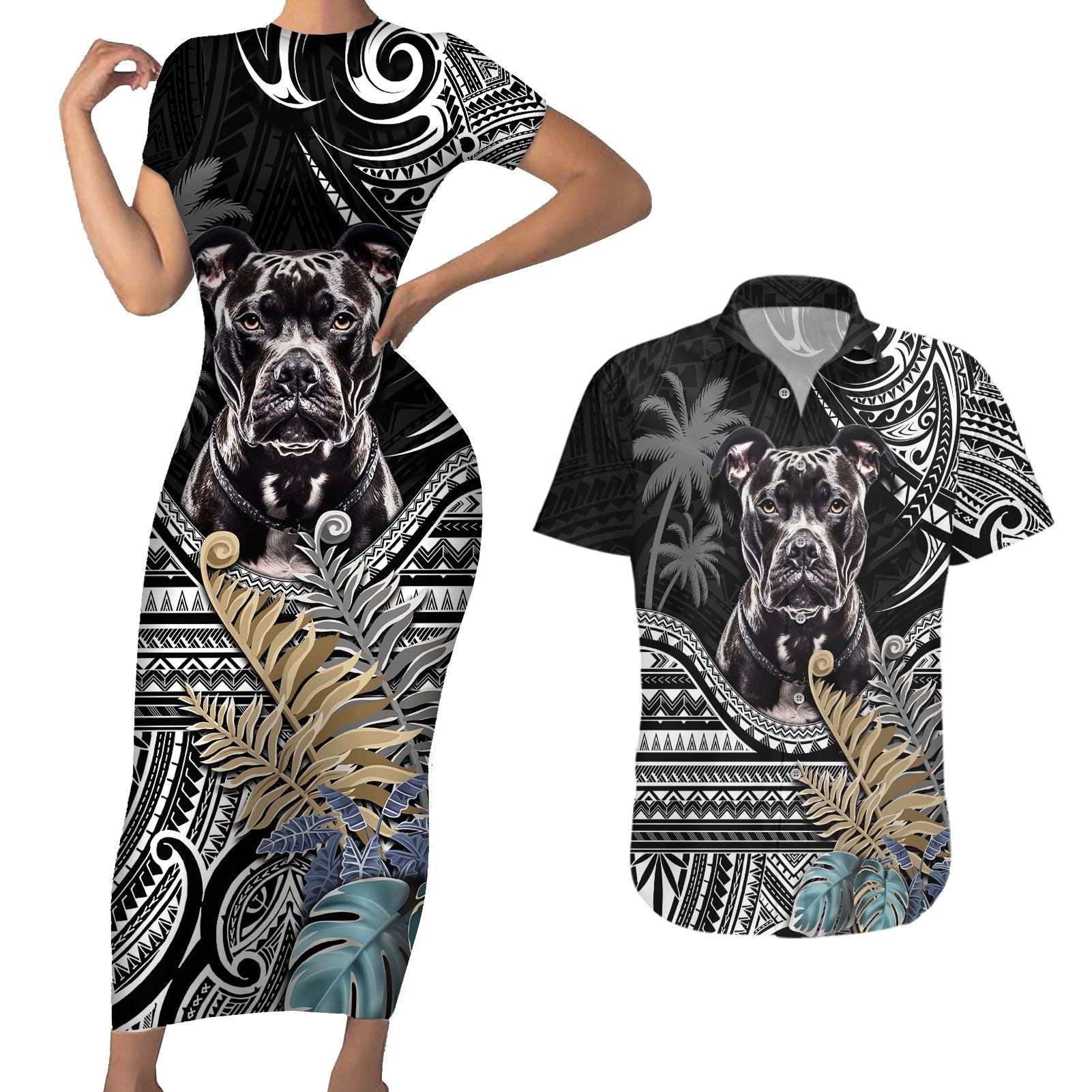 Polynesian Pitbull Couples Matching Short Sleeve Bodycon Dress and Hawaiian Shirt Polynesian Pattern And Pitbull TS04 Black - Polynesian Pride