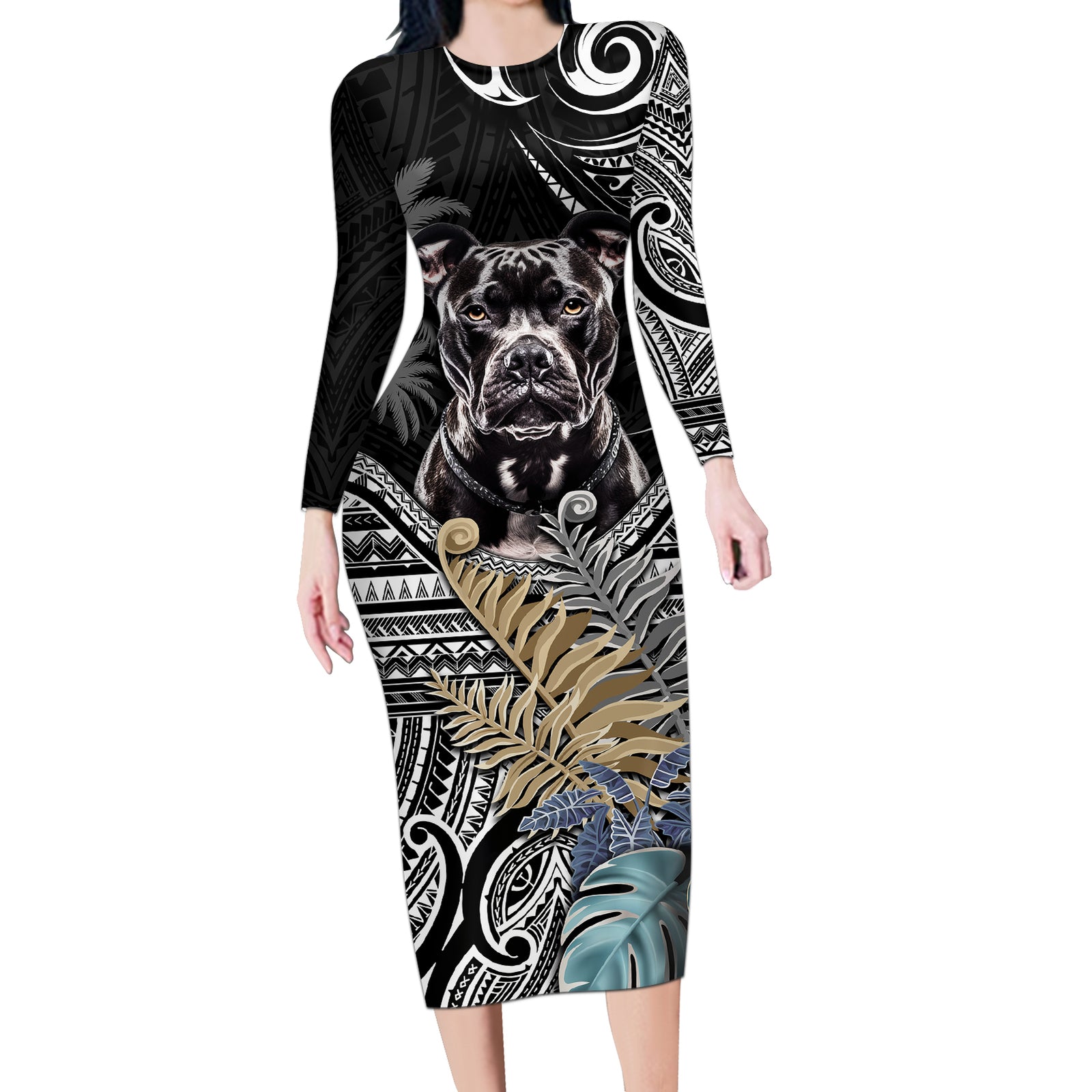 Polynesian Pitbull Long Sleeve Bodycon Dress Polynesian Pattern And Pitbull TS04 Long Dress Black - Polynesian Pride