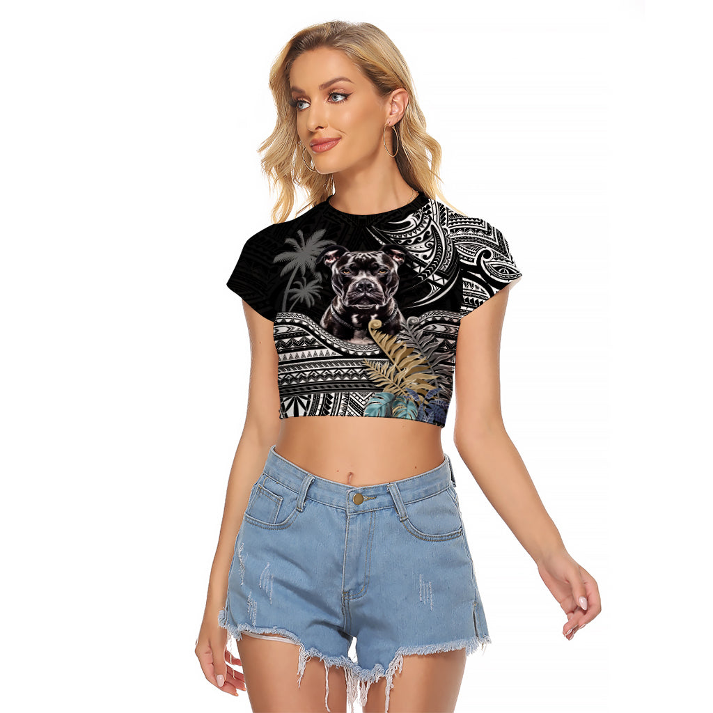 Polynesian Pitbull Raglan Cropped T Shirt Polynesian Pattern And Pitbull TS04 Female Black - Polynesian Pride