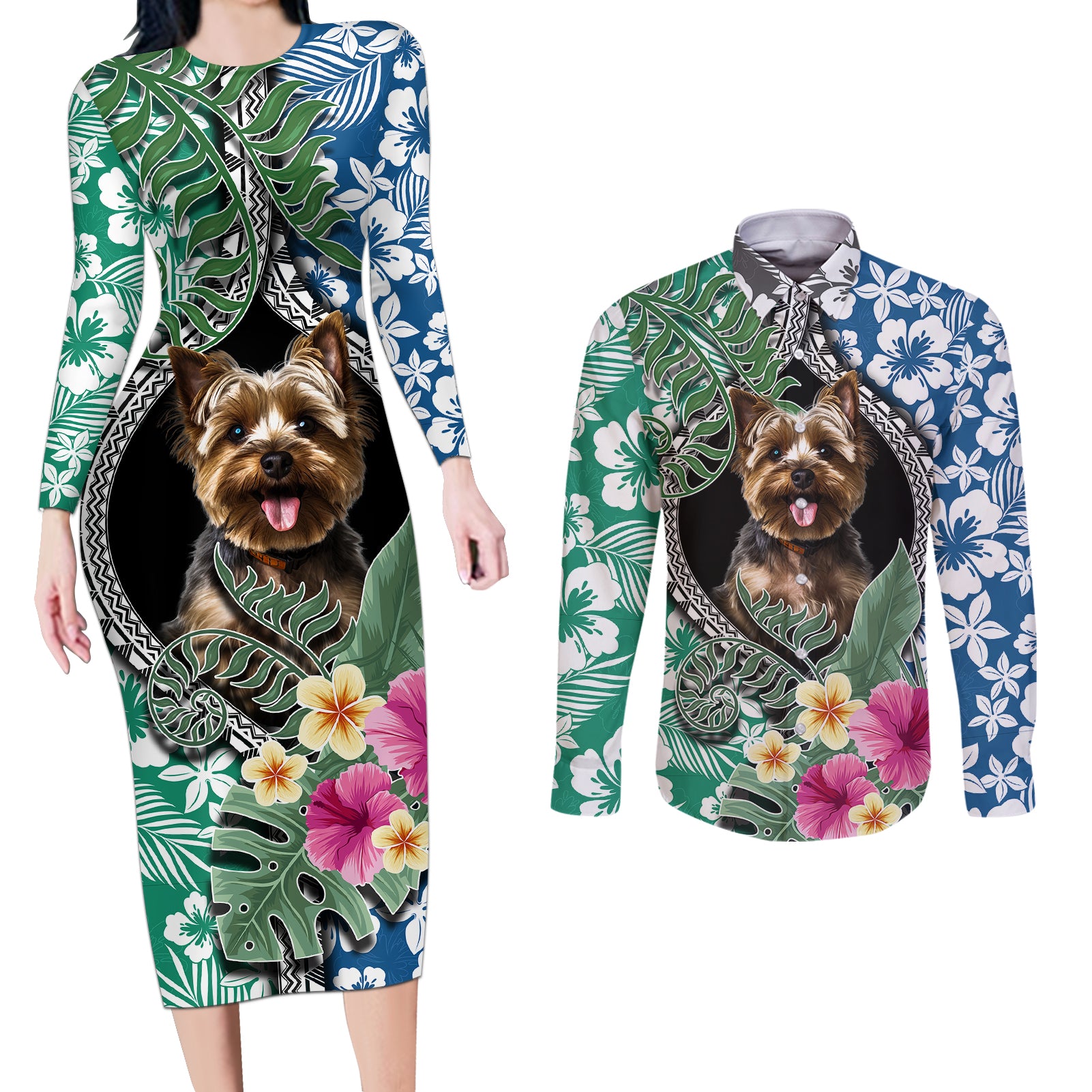 Polynesian Yorkshire Terrier Couples Matching Long Sleeve Bodycon Dress and Long Sleeve Button Shirts Polynesian Pattern And Yorkshire Terrier TS04 Multicolor - Polynesian Pride