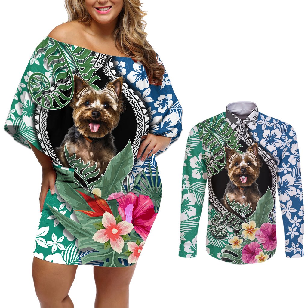 Polynesian Yorkshire Terrier Couples Matching Off Shoulder Short Dress and Long Sleeve Button Shirts Polynesian Pattern And Yorkshire Terrier TS04 Multicolor - Polynesian Pride