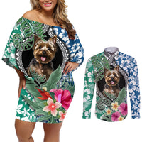 Polynesian Yorkshire Terrier Couples Matching Off Shoulder Short Dress and Long Sleeve Button Shirts Polynesian Pattern And Yorkshire Terrier TS04 Multicolor - Polynesian Pride