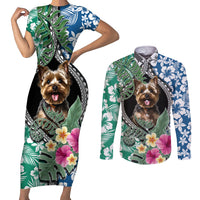 Polynesian Yorkshire Terrier Couples Matching Short Sleeve Bodycon Dress and Long Sleeve Button Shirts Polynesian Pattern And Yorkshire Terrier TS04 Multicolor - Polynesian Pride