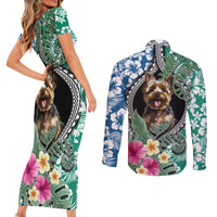 Polynesian Yorkshire Terrier Couples Matching Short Sleeve Bodycon Dress and Long Sleeve Button Shirts Polynesian Pattern And Yorkshire Terrier TS04 - Polynesian Pride
