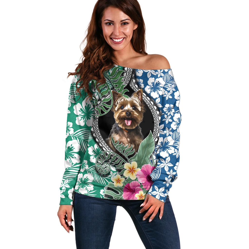 Polynesian Yorkshire Terrier Off Shoulder Sweater Polynesian Pattern And Yorkshire Terrier TS04 Women Multicolor - Polynesian Pride