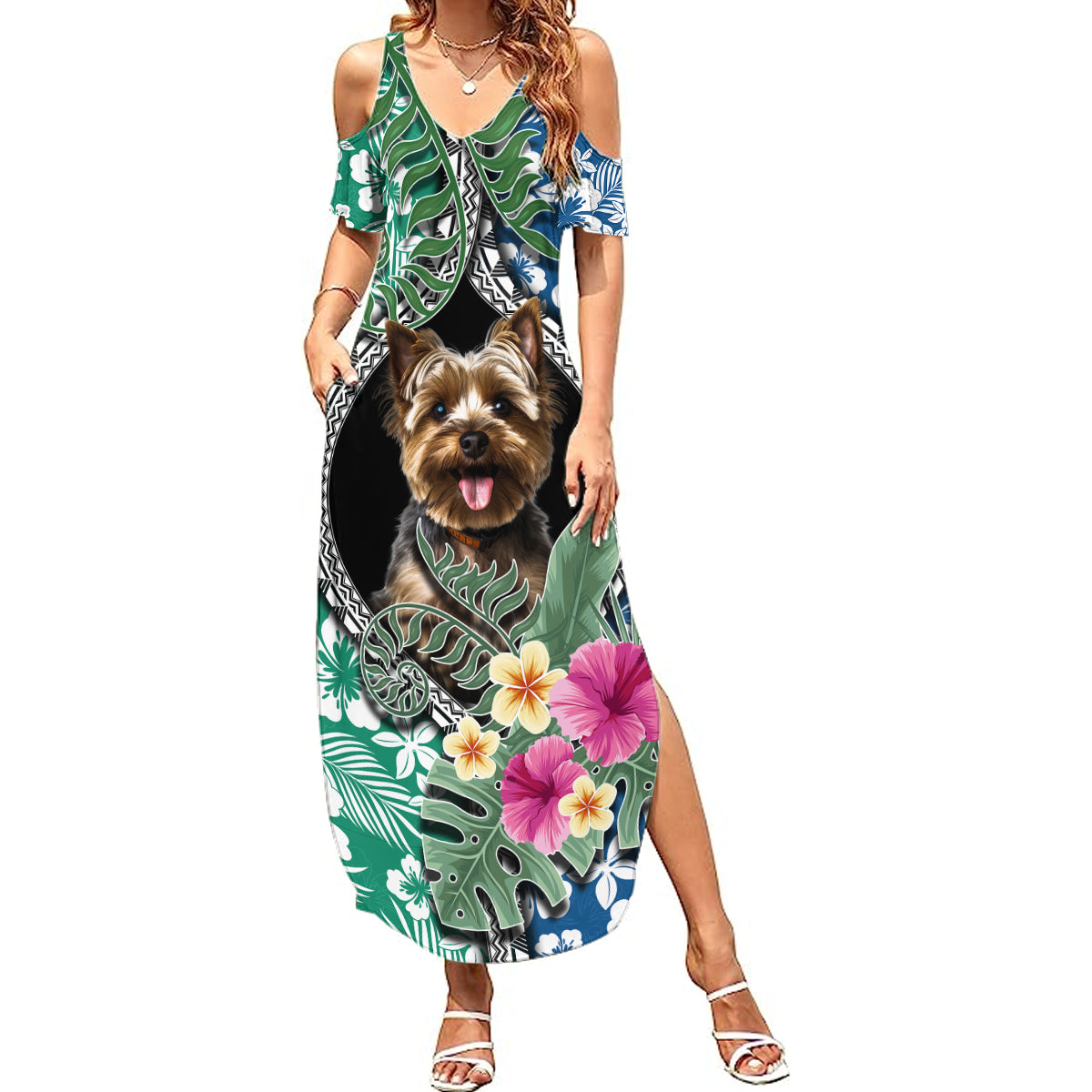 Polynesian Yorkshire Terrier Summer Maxi Dress Polynesian Pattern And Yorkshire Terrier TS04 Women Multicolor - Polynesian Pride