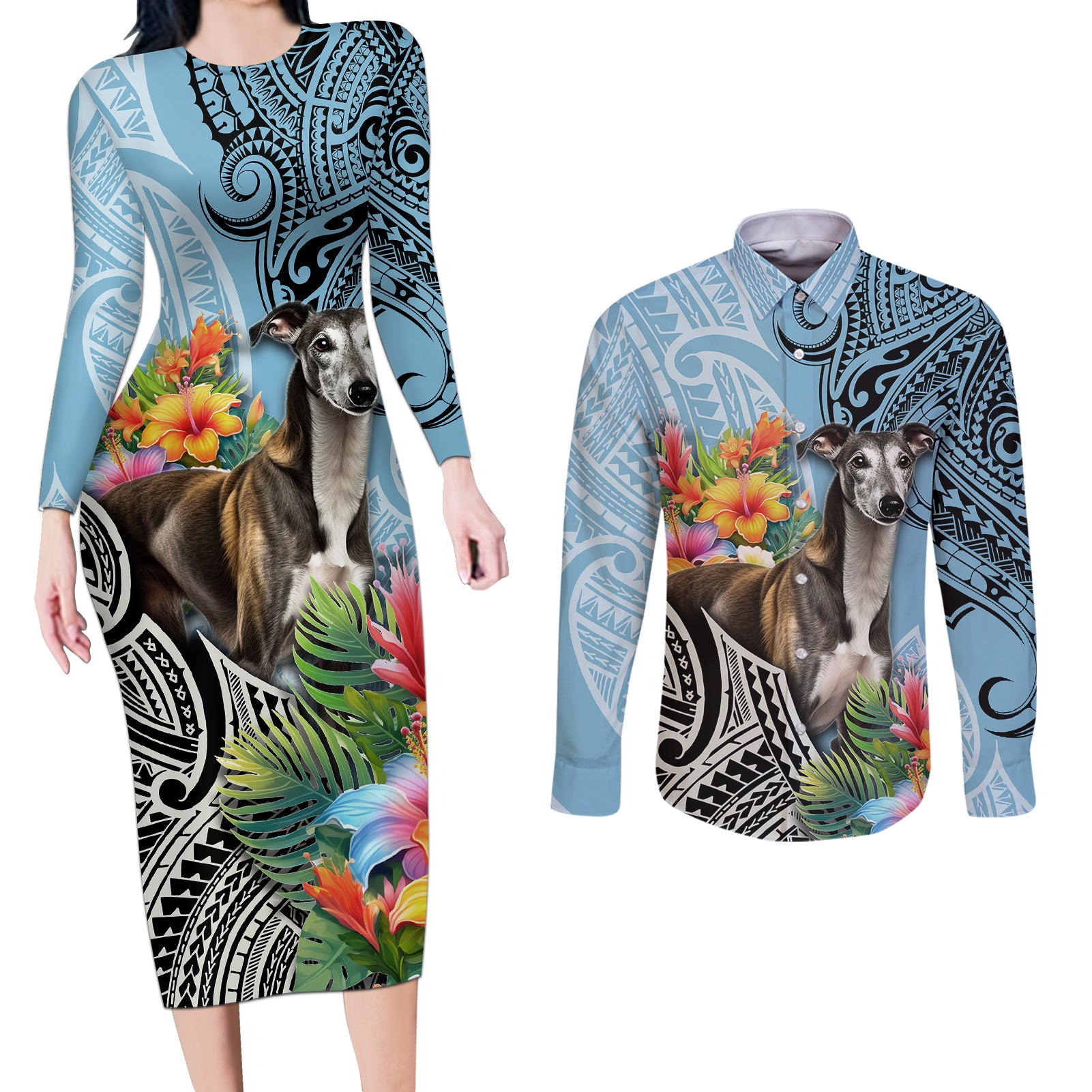 Polynesian Greyhound Couples Matching Long Sleeve Bodycon Dress and Long Sleeve Button Shirts Polynesian Pattern And Greyhound TS04 Cyan - Polynesian Pride