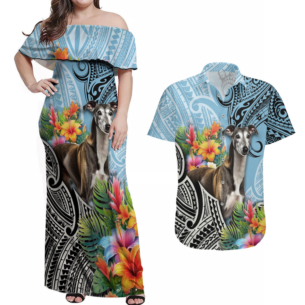 Polynesian Greyhound Couples Matching Off Shoulder Maxi Dress and Hawaiian Shirt Polynesian Pattern And Greyhound TS04 Cyan - Polynesian Pride