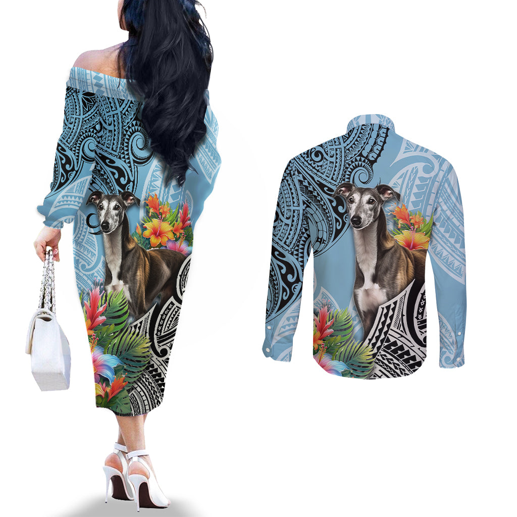 Polynesian Greyhound Couples Matching Off The Shoulder Long Sleeve Dress and Long Sleeve Button Shirts Polynesian Pattern And Greyhound TS04 - Polynesian Pride