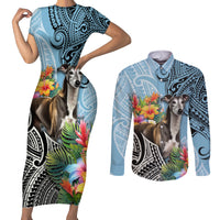 Polynesian Greyhound Couples Matching Short Sleeve Bodycon Dress and Long Sleeve Button Shirts Polynesian Pattern And Greyhound TS04 Cyan - Polynesian Pride
