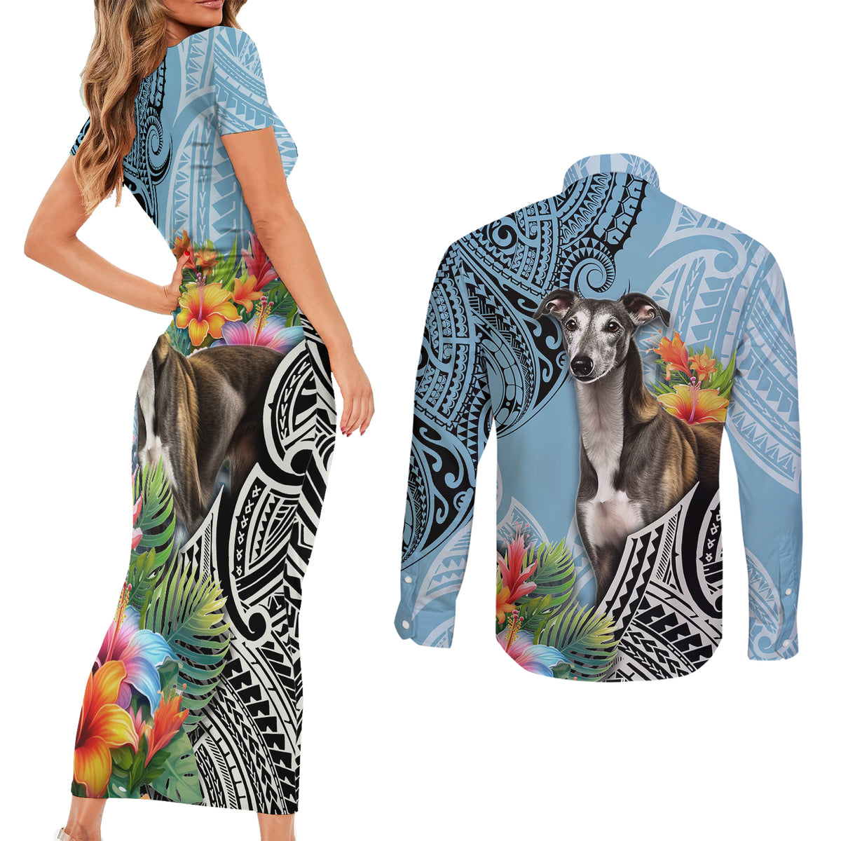 Polynesian Greyhound Couples Matching Short Sleeve Bodycon Dress and Long Sleeve Button Shirts Polynesian Pattern And Greyhound TS04 - Polynesian Pride