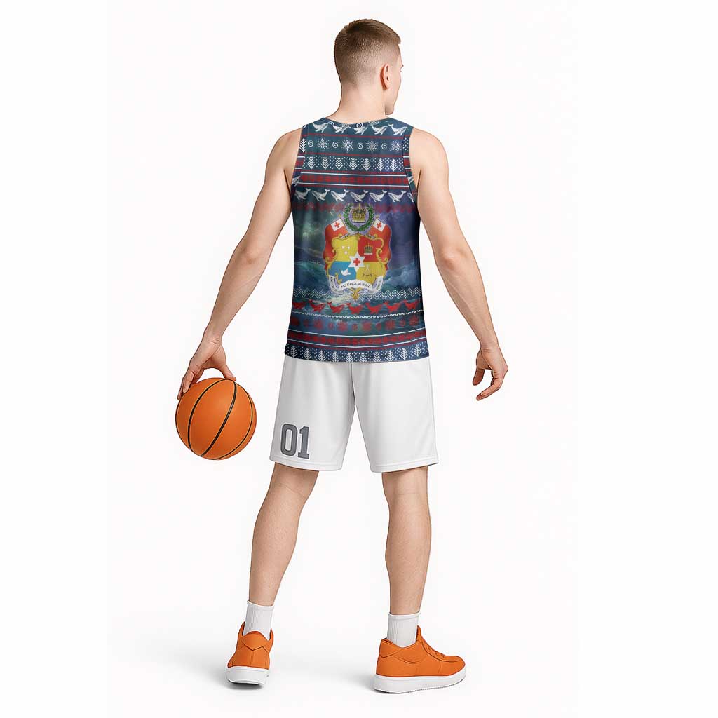 Tonga Christmas Basketball Jersey with Singing Whale Ocean Scene National Coat of Arms - Polynesian Pride