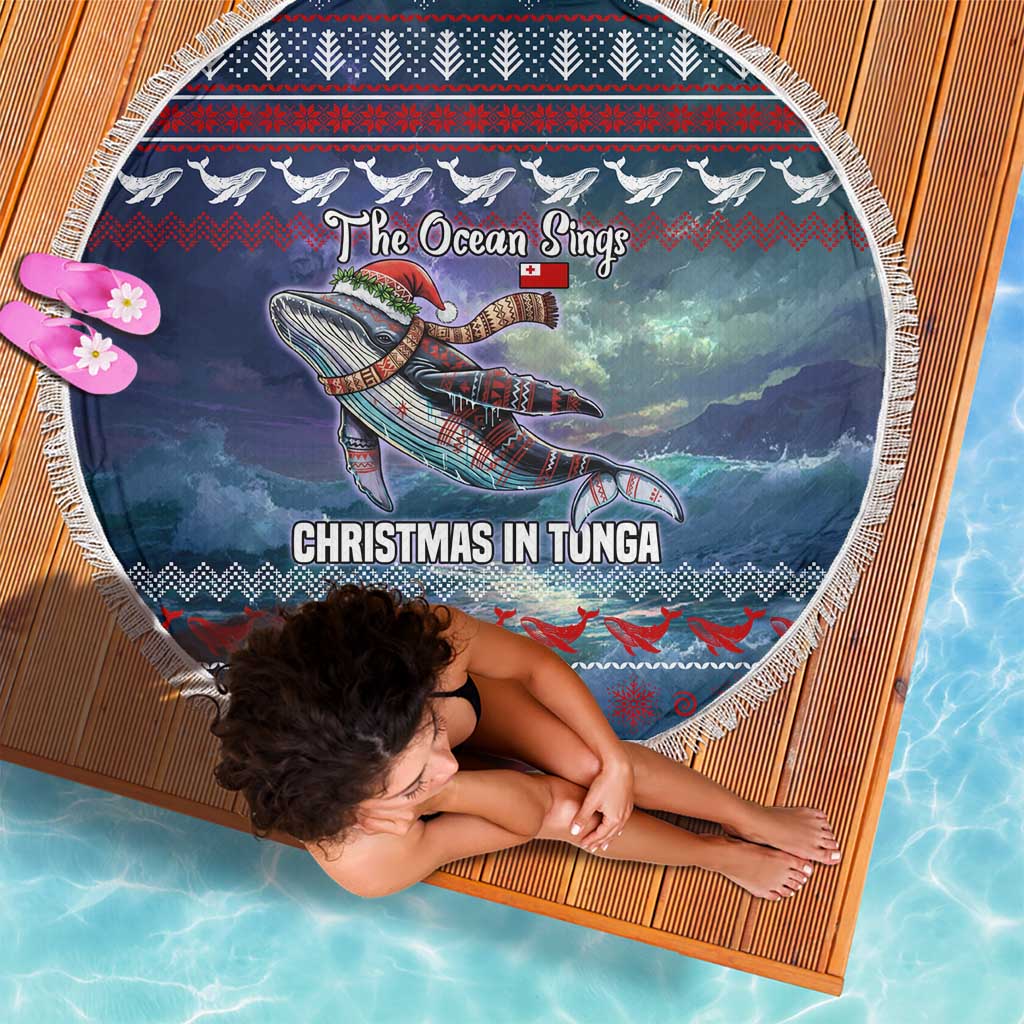Tonga Christmas Beach Blanket with Singing Whale Ocean Scene National Coat of Arms - Polynesian Pride