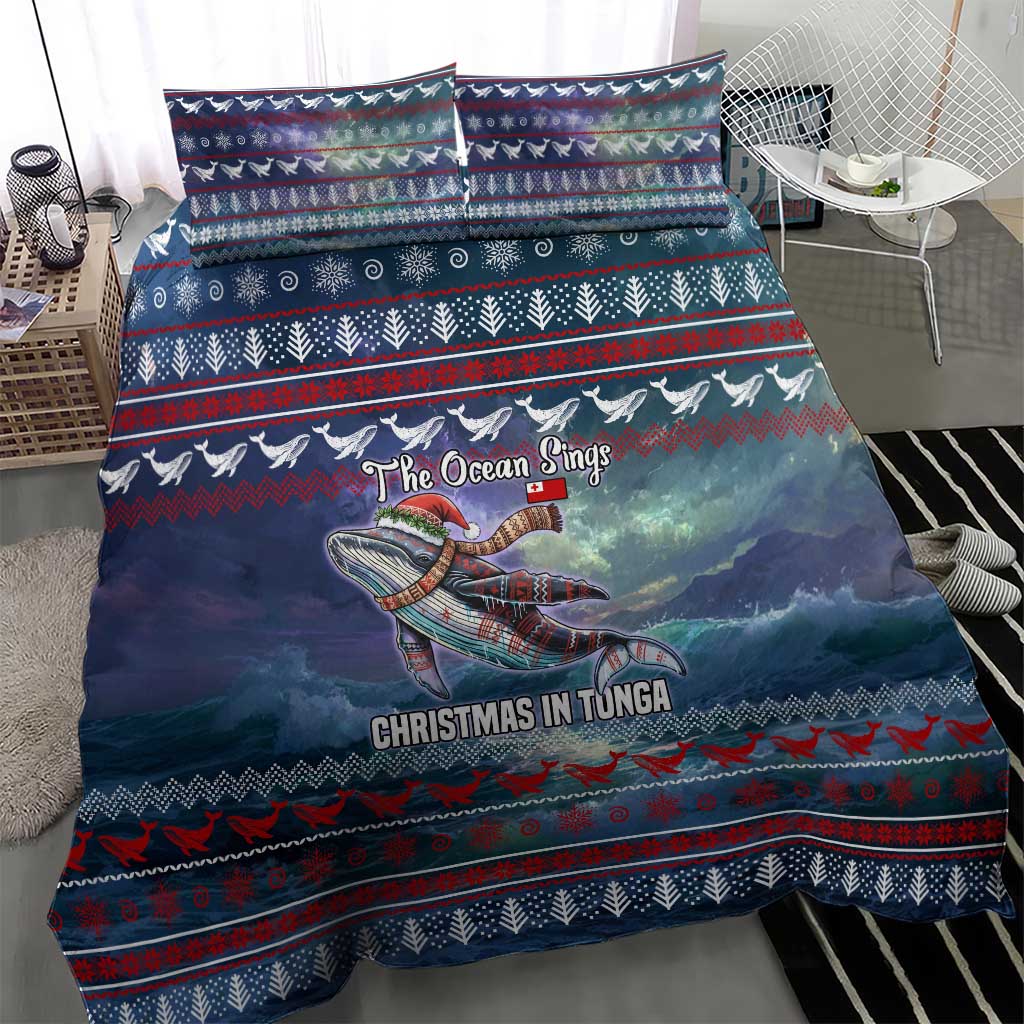 Tonga Christmas Bedding Set with Singing Whale Ocean Scene National Coat of Arms - Polynesian Pride