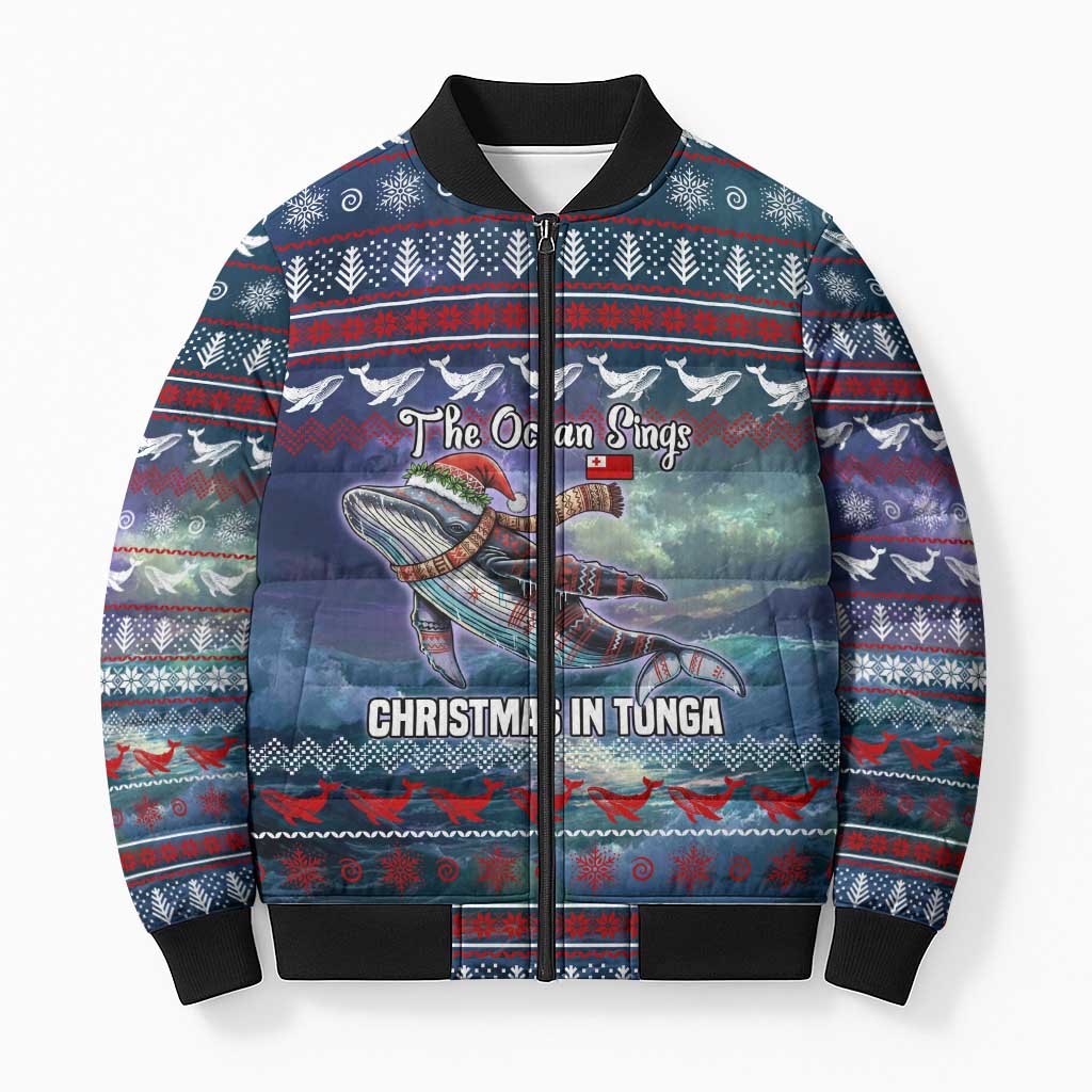 Tonga Christmas Bomber Puffer Jacket with Singing Whale Ocean Scene National Coat of Arms - Polynesian Pride