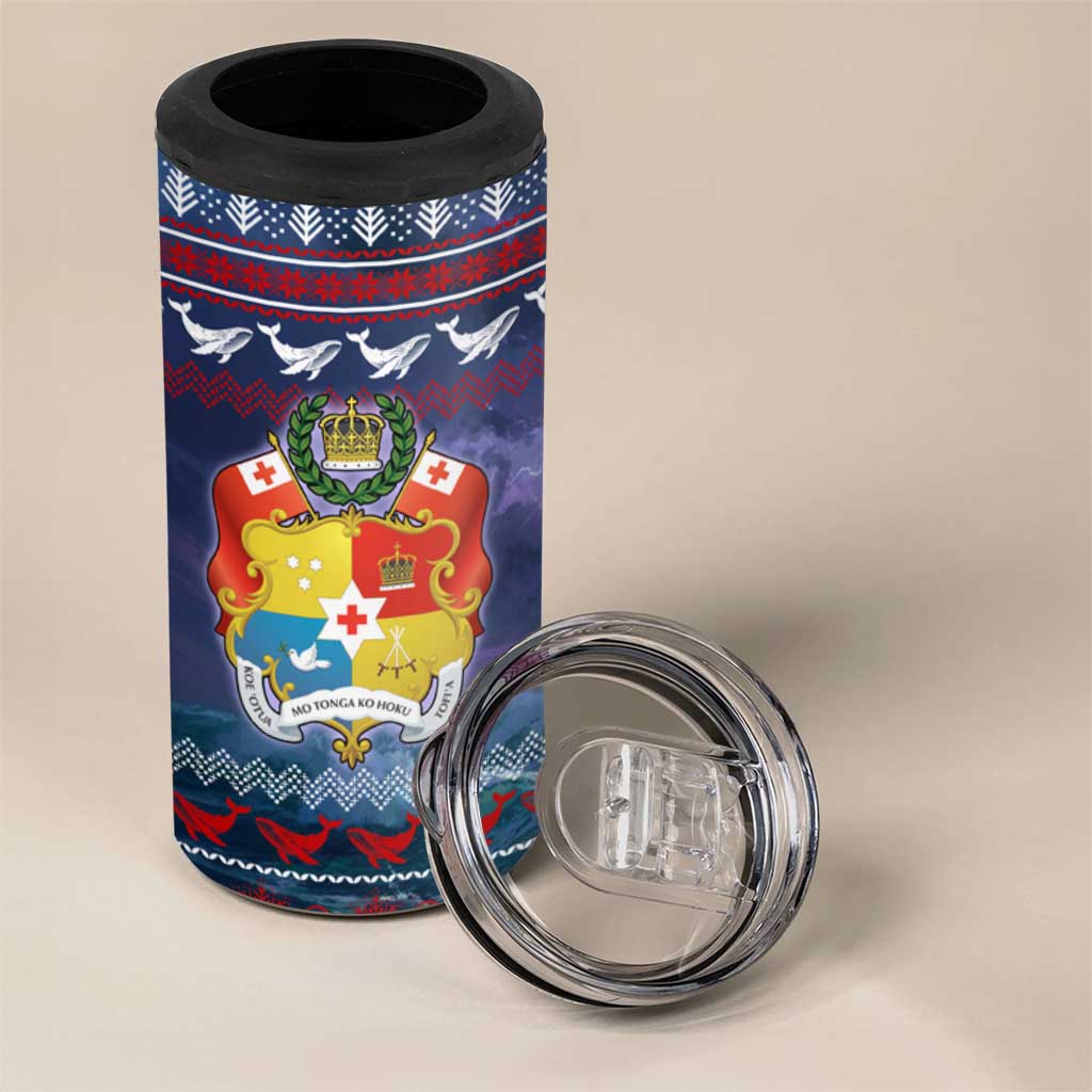 Tonga Christmas 4 in 1 Can Cooler Tumbler with Singing Whale Ocean Scene National Coat of Arms - Polynesian Pride