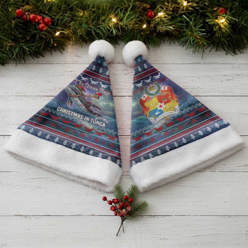 Tonga Christmas Santa Hat with Singing Whale Ocean Scene National Coat of Arms - Polynesian Pride