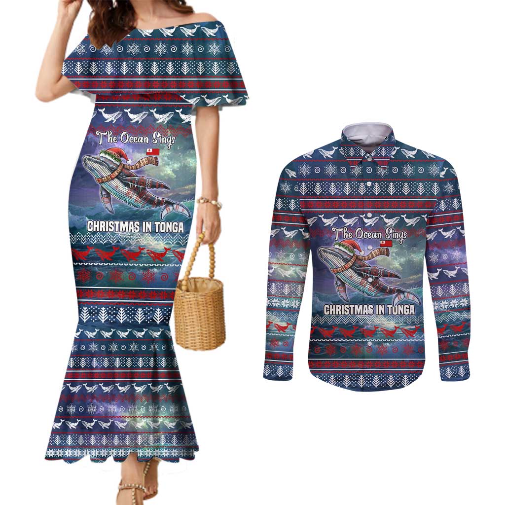 Tonga Christmas Couples Matching Mermaid Dress and Long Sleeve Button Shirt with Singing Whale Ocean Scene National Coat of Arms - Polynesian Pride
