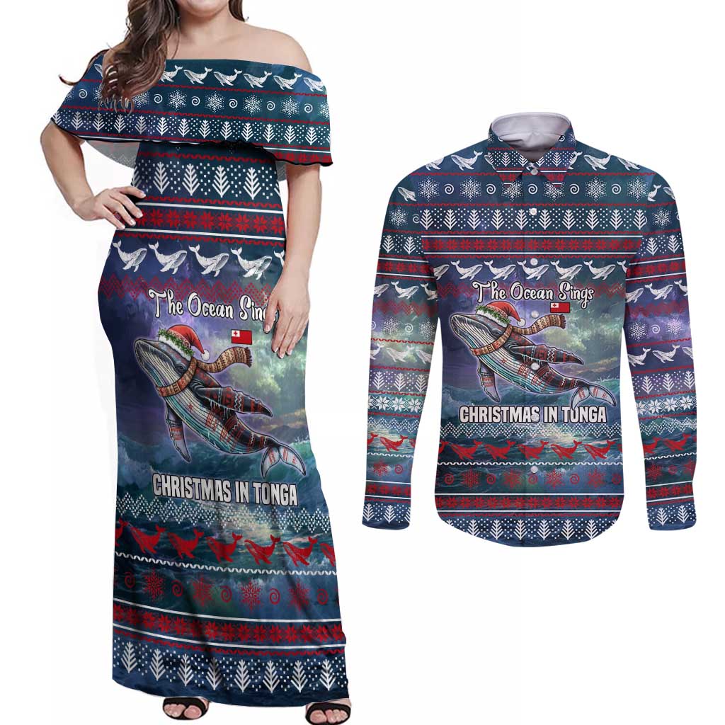 Tonga Christmas Couples Matching Off Shoulder Maxi Dress and Long Sleeve Button Shirt with Singing Whale Ocean Scene National Coat of Arms - Polynesian Pride