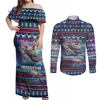 Tonga Christmas Couples Matching Off Shoulder Maxi Dress and Long Sleeve Button Shirt with Singing Whale Ocean Scene National Coat of Arms - Polynesian Pride