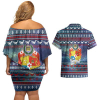 Tonga Christmas Couples Matching Off Shoulder Short Dress and Hawaiian Shirt with Singing Whale Ocean Scene National Coat of Arms - Polynesian Pride
