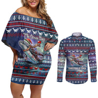 Tonga Christmas Couples Matching Off Shoulder Short Dress and Long Sleeve Button Shirt with Singing Whale Ocean Scene National Coat of Arms - Polynesian Pride