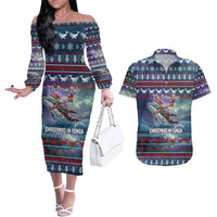 Tonga Christmas Couples Matching Off The Shoulder Long Sleeve Dress and Hawaiian Shirt with Singing Whale Ocean Scene National Coat of Arms - Polynesian Pride