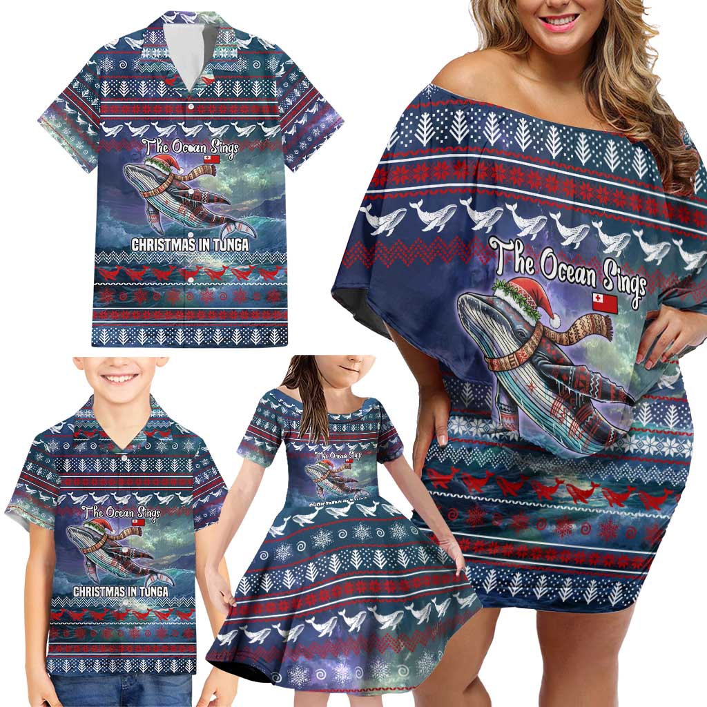 Tonga Christmas Family Matching Off Shoulder Short Dress and Hawaiian Shirt with Singing Whale Ocean Scene National Coat of Arms - Polynesian Pride