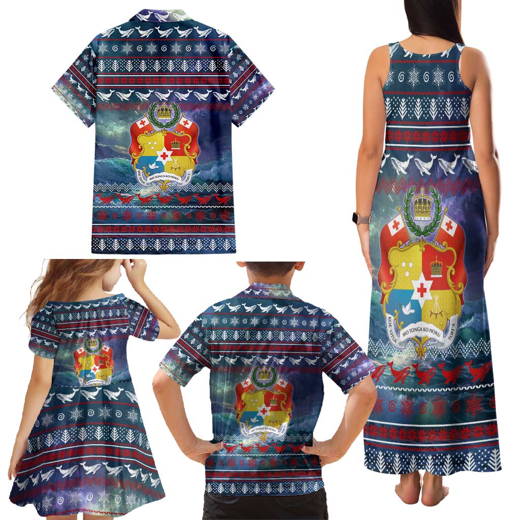 Tonga Christmas Family Matching Tank Maxi Dress and Hawaiian Shirt with Singing Whale Ocean Scene National Coat of Arms - Polynesian Pride