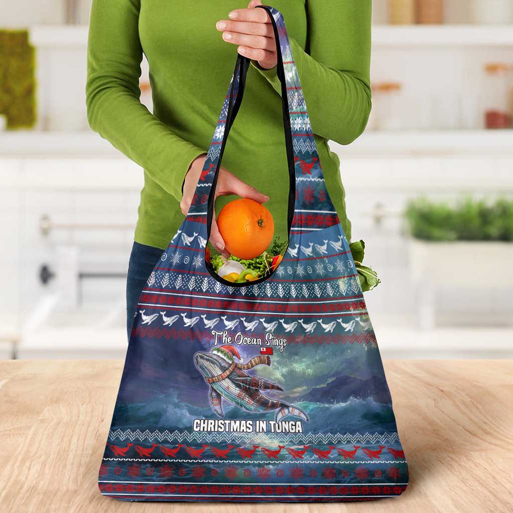 Tonga Christmas Grocery Bag with Singing Whale Ocean Scene National Coat of Arms - Polynesian Pride