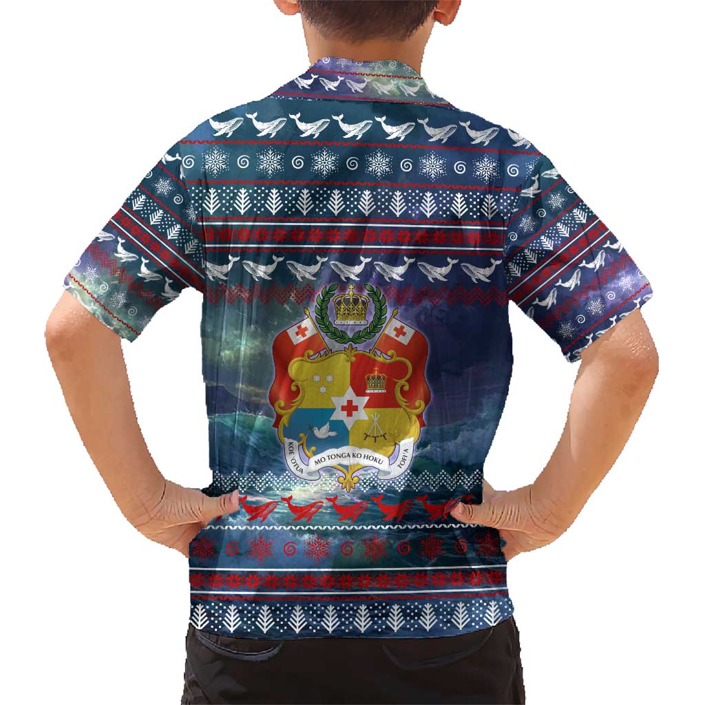 Tonga Christmas Kid Hawaiian Shirt with Singing Whale Ocean Scene National Coat of Arms - Polynesian Pride